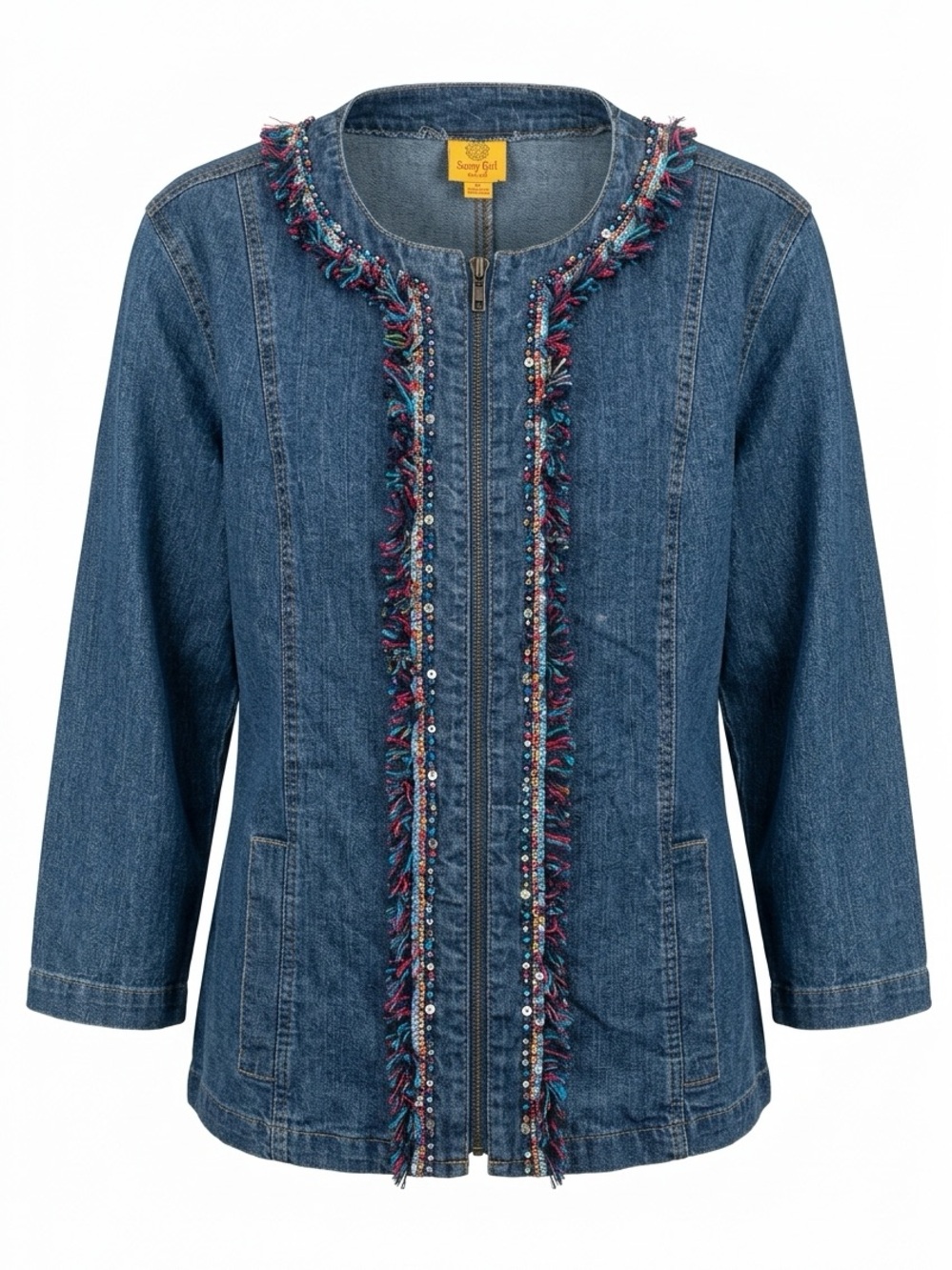 Ruby Rd. Denim Zip-Front Jacket in Blue with Multicolor Fringe